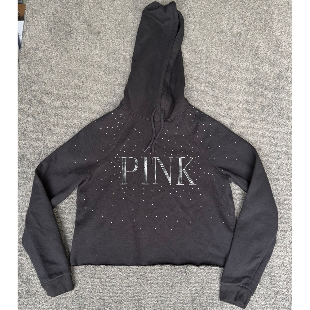 Victoria's Secret PINK Black Rhinestone‎ Logo Cropped Hoodie Sweatshirt XS